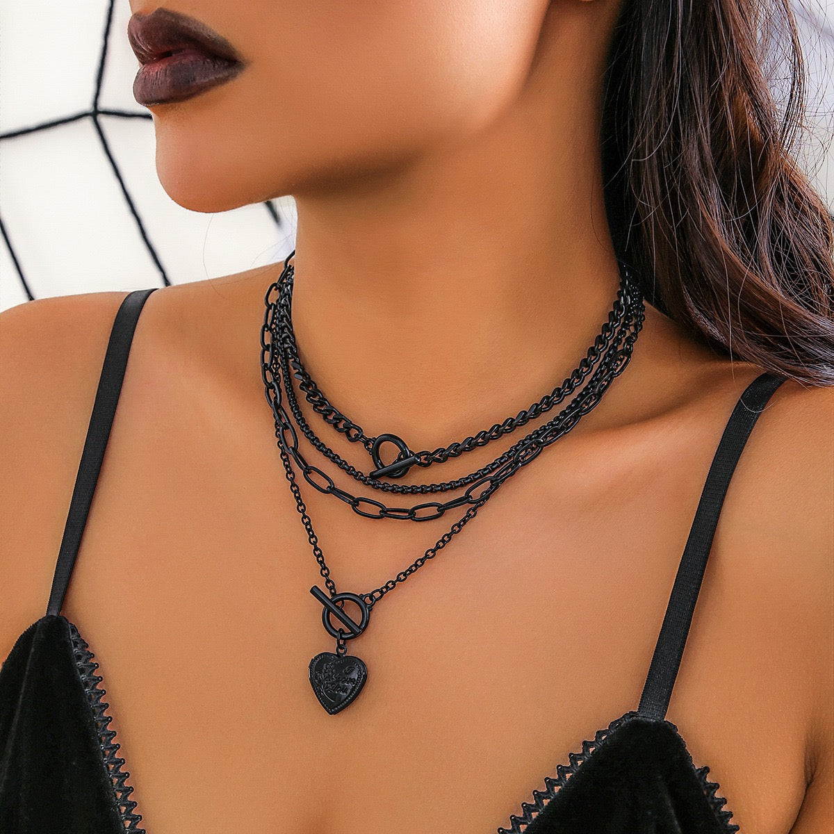 Multiple Layer Gothic Chains Necklace Punk Style Black Heart, Photo Frame Design, Metal