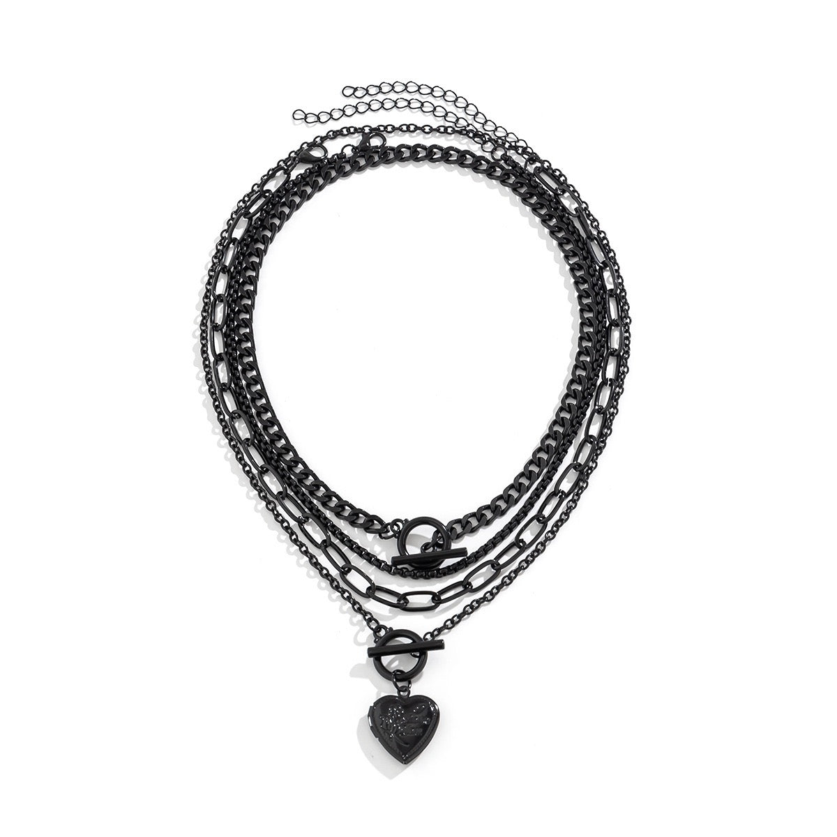 Multiple Layer Gothic Chains Necklace Punk Style Black Heart, Photo Frame Design, Metal