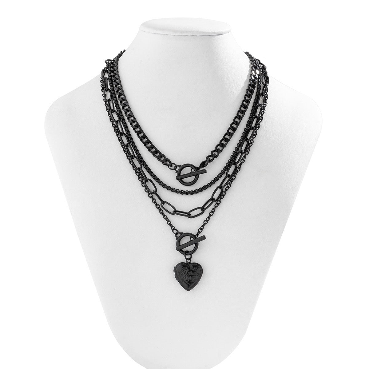 Multiple Layer Gothic Chains Necklace Punk Style Black Heart, Photo Frame Design, Metal