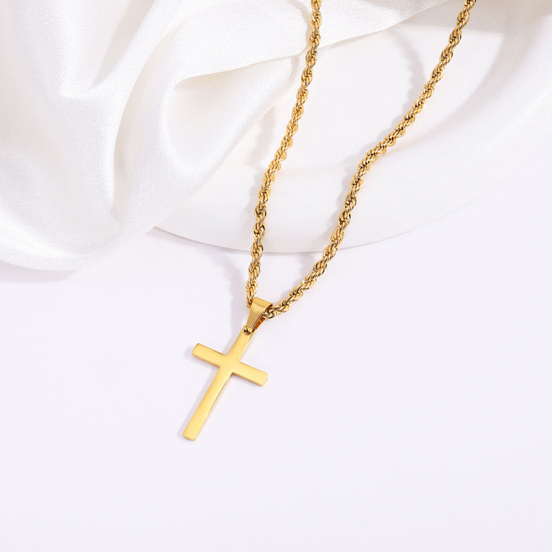 Pure Golden Cross Chain Necklace, Unisex, Simple Design, Metal Gold-Plated