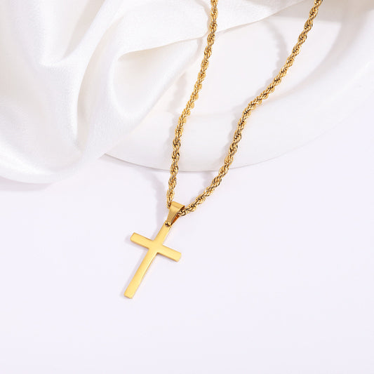 Pure Golden Cross Chain Necklace, Unisex, Simple Design, Metal Gold-Plated