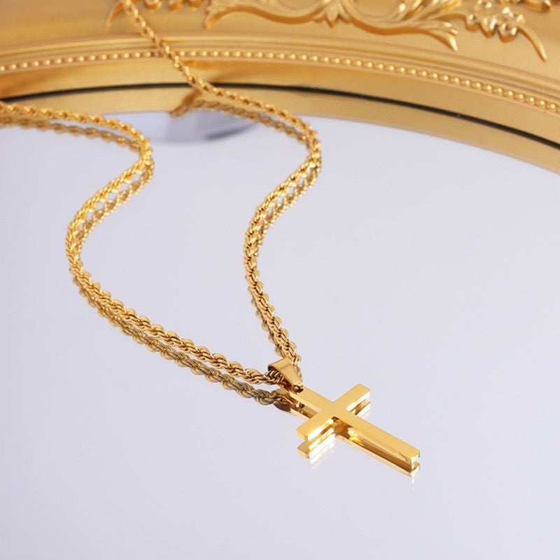 Pure Golden Cross Chain Necklace, Unisex, Simple Design, Metal Gold-Plated