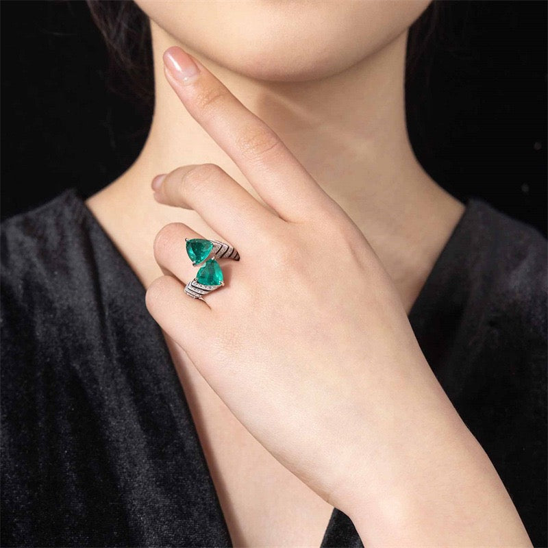 Luxury Green Gemstone Ring, Double Triangle Design, Open Size, Women, Metal and Glass