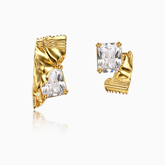 Candy Wrapper Shape Earrings Studs, Golden, Copper and Zirconia, Women Unique Design Earrings