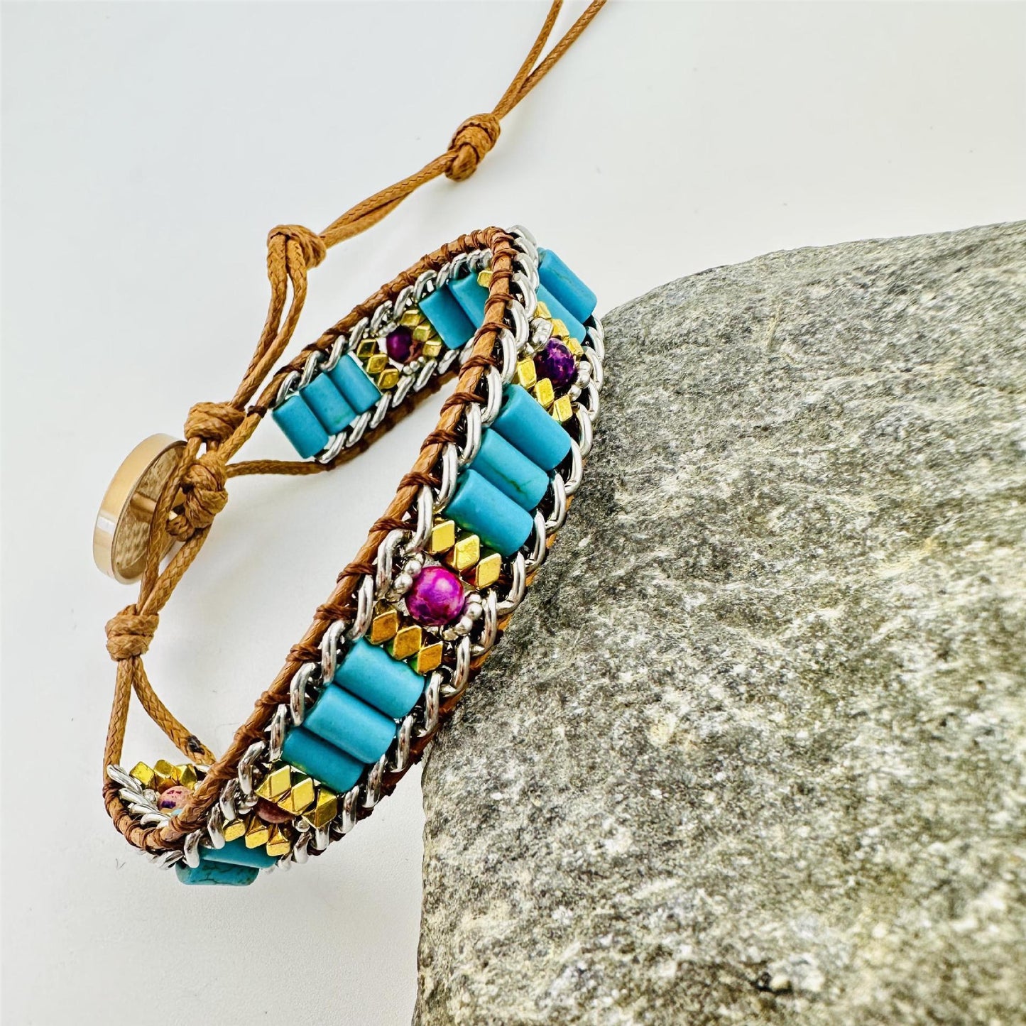 Vintage Turquoise Gemstone Hand Braided Bohemian Healing Bracelet, Unisex