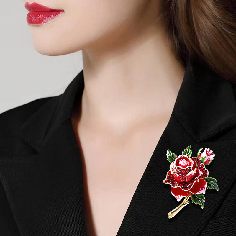 Red Rose Flower Brooch, Large Corsage Badge, Fine Women Brooch