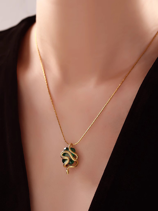 Golden Snake Necklace Pendant Square Green Stone, Unisex Jewelry