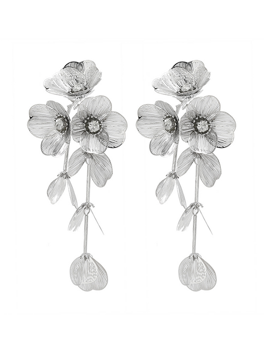 Silvery Banquet Flower Dangle Earrings, Large Flower, Women Jewelry