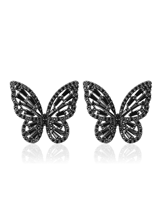 Black Butterfly Earrings Studs, Sparkling Zirconia, Dark Vibe Jewelry for Women