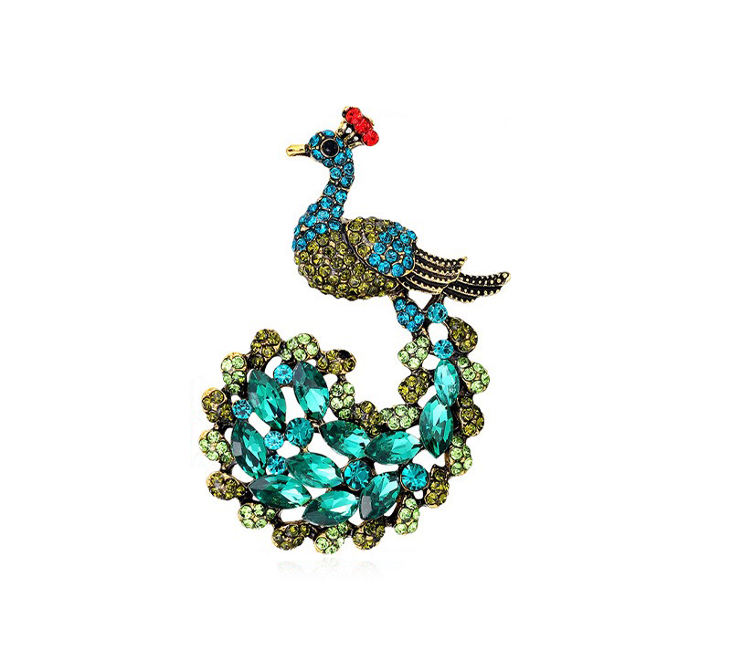 Peacock Brooch Sparkling Green Corsage Badge Pin, Unisex