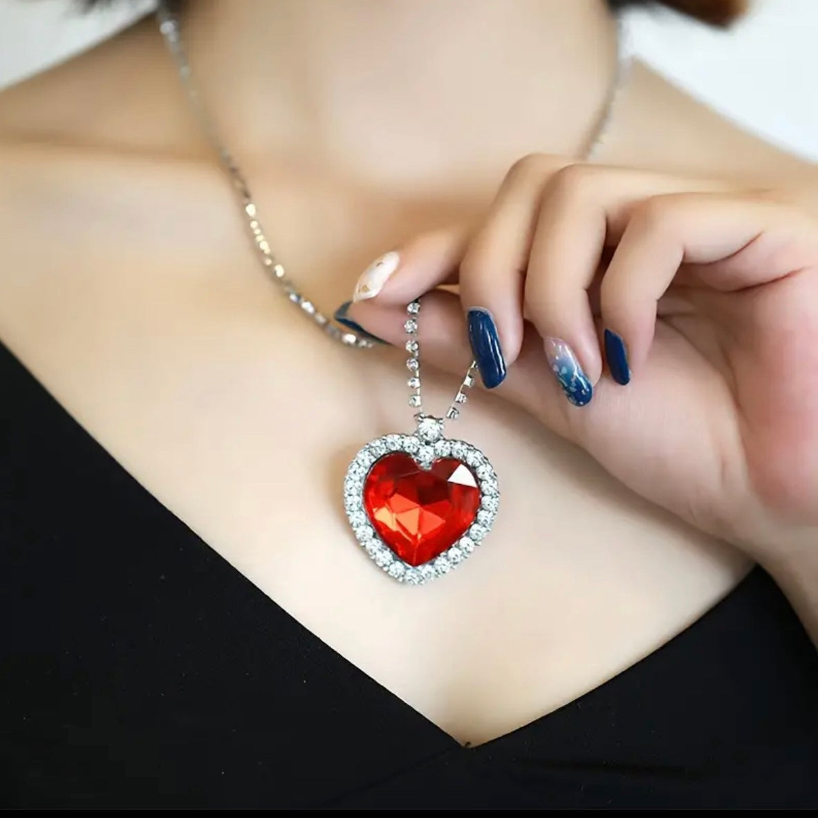 Sparkling Red Gemstone Heart Pendant Necklace, Glass, for Women