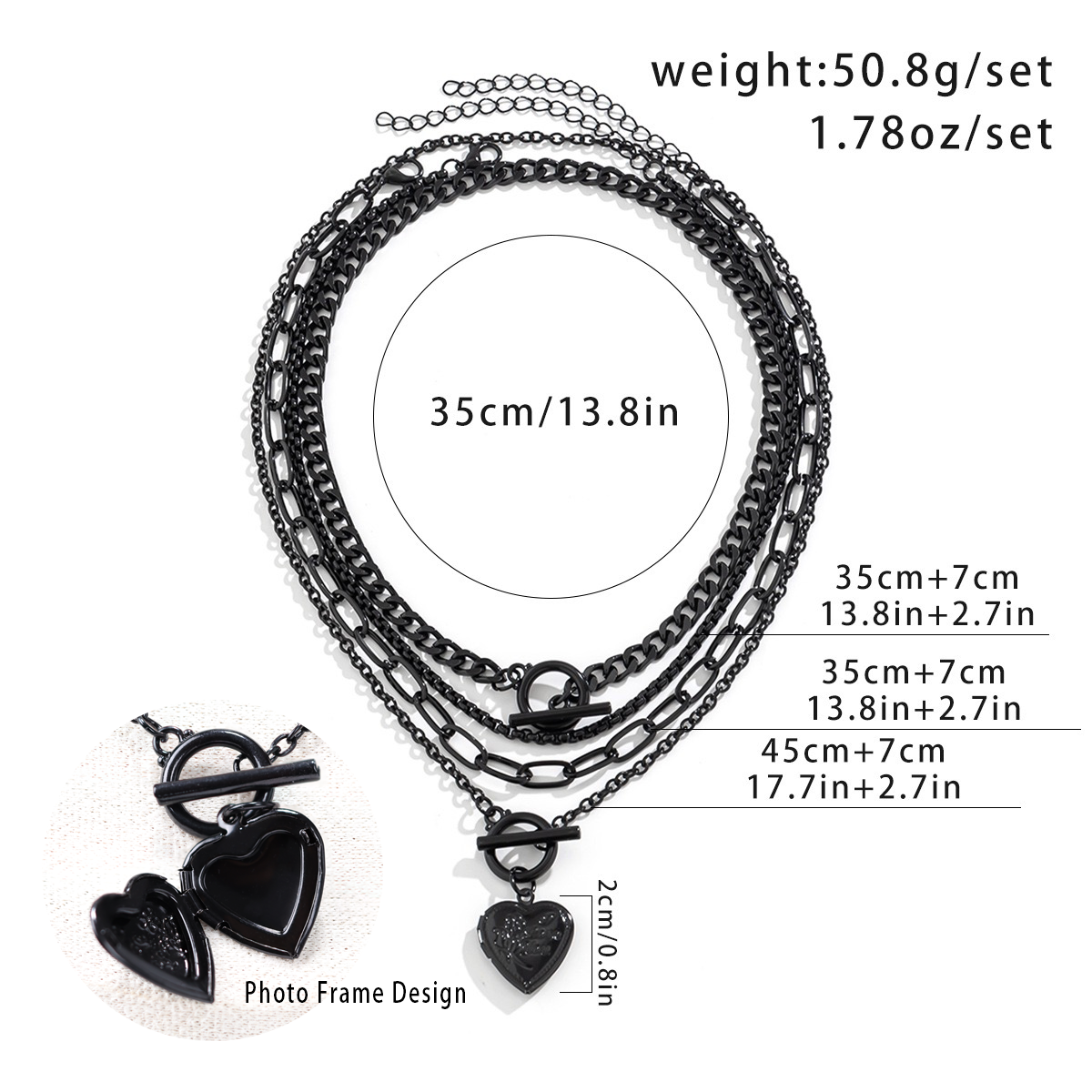 Multiple Layer Gothic Chains Necklace Punk Style Black Heart, Photo Frame Design, Metal